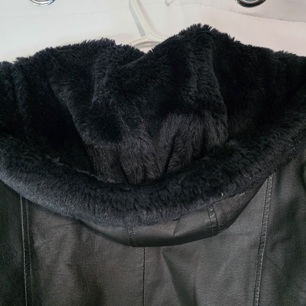 Vintage Genuine Leather Black‎ Coat Faux Fur Hood Y2K Minimalist Jacket - Picture 15 of 16